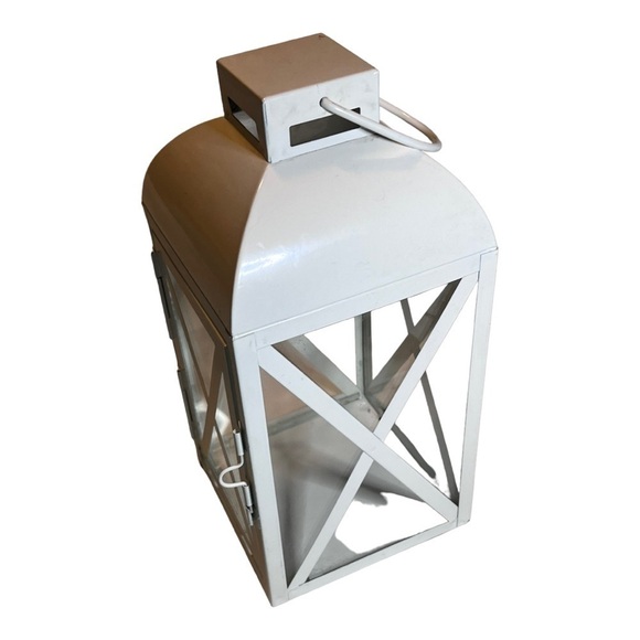 METAL and glass white lantern with handle indoor/outdoor 12” tall holiday decor. - Picture 2 of 9